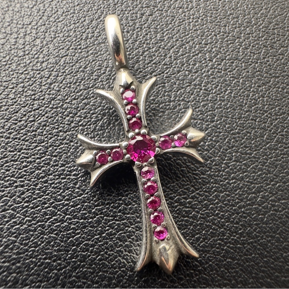 Chrome Hearts Silver Tiny Fat Cross Ruby Pave Pen… - image 7